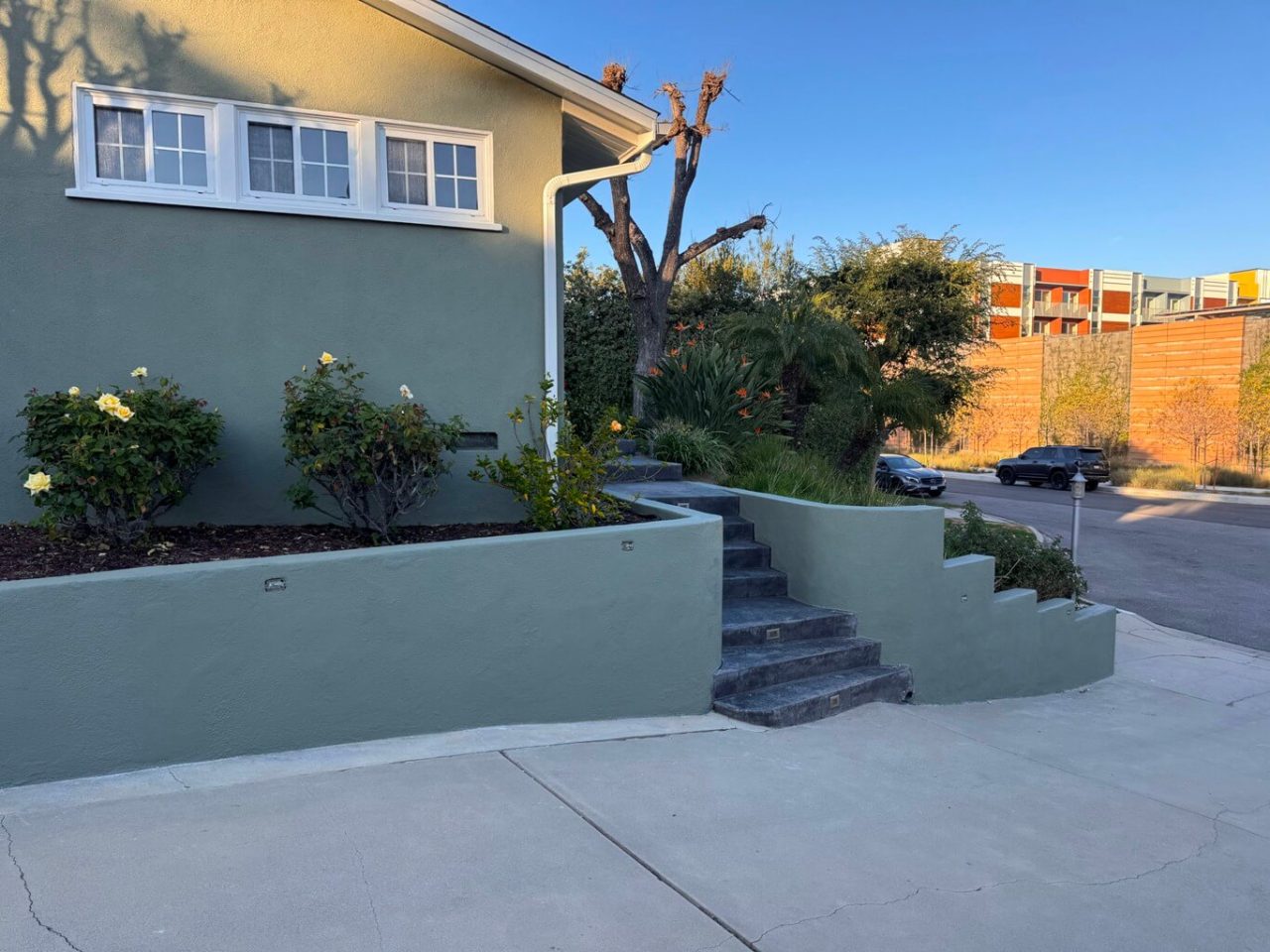Green stucco exterior front yard
